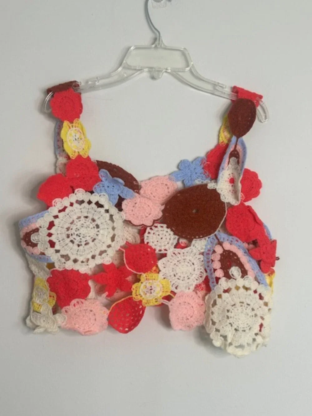 POL Ivory Pink Hand Made Crochet Motif Weaved Heart Neck Cropped Knit Top NEW - Picture 16 of 16